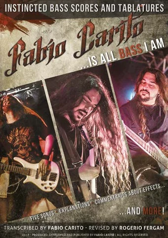 Cover of the instructional DVD “...is all Bass I am” by Fabio Carito, with three photos of him playing bass